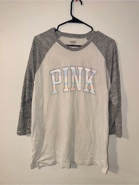 PINK Victoria's Secret White and Heather Gray Raglan Quarter Sleeve Tee